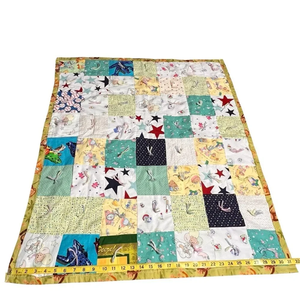 Homemade Monkey Patchwork Baby Quilt with Mixed  Quilt Squares Handcrafted 36x31